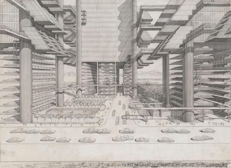 Paul Rudolph Perspective drawing of the lower Manhattan Expressway City Corridor project