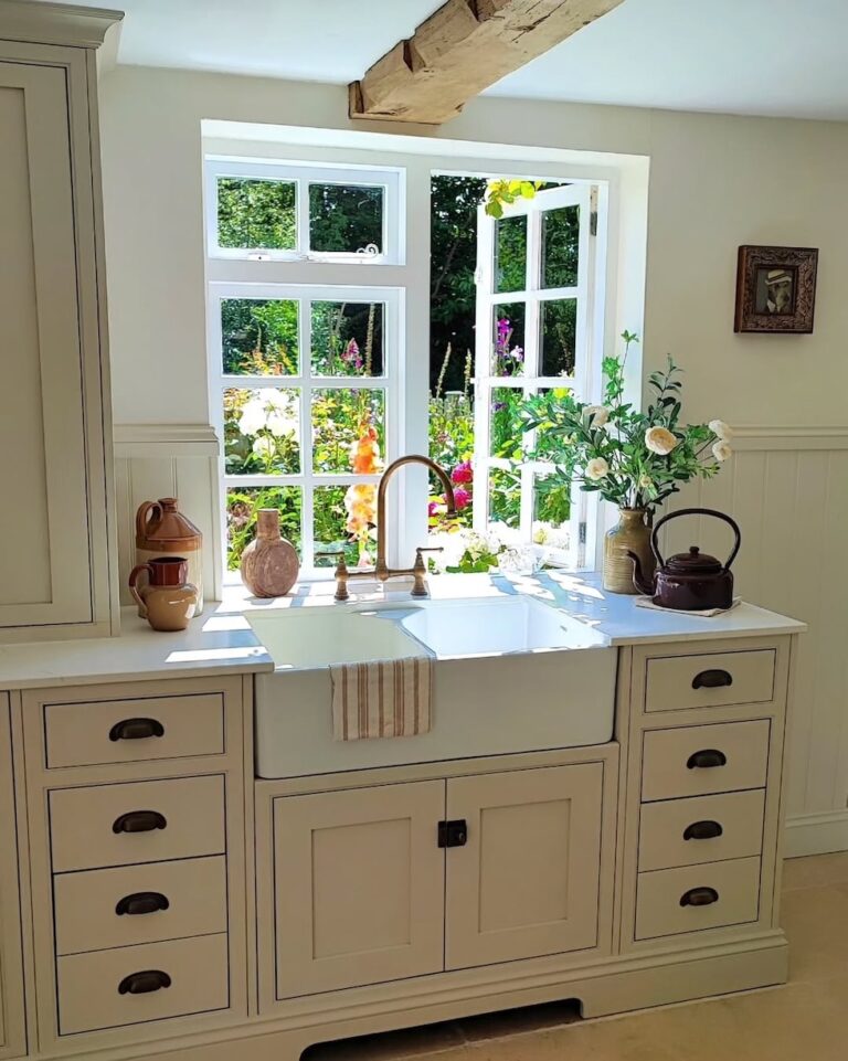 cottage kitchen inspiration farmhouse sink wood beam